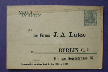 Ansichtskarte Werbung Reklame Postkarte Ganzsache AK Berlin 1905-1915 Firma J A Lutze Heilige Geiststrasse 16